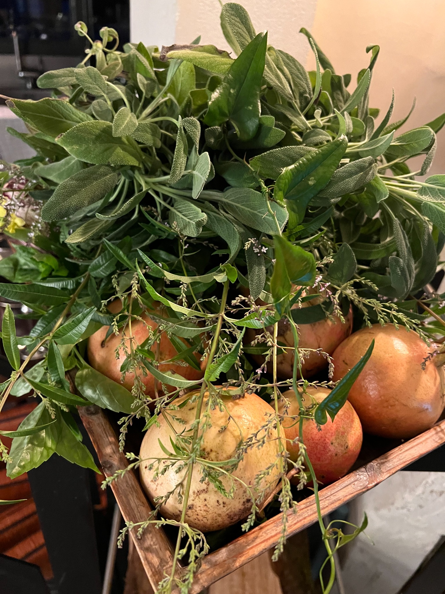 Fresh herbs and pomegranates harvested at Basti'de Garriga