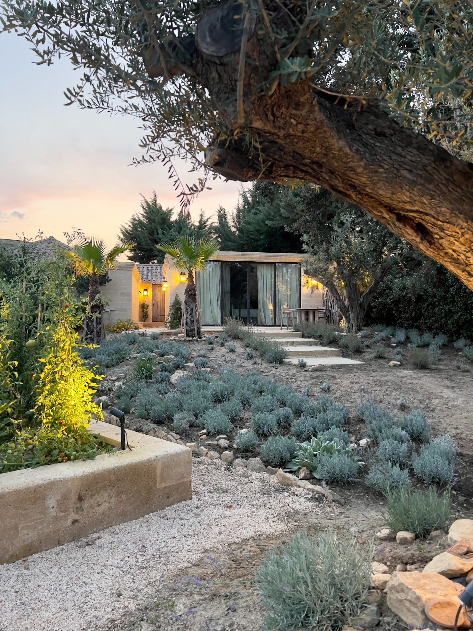 Room surrounded by the garden at dusk