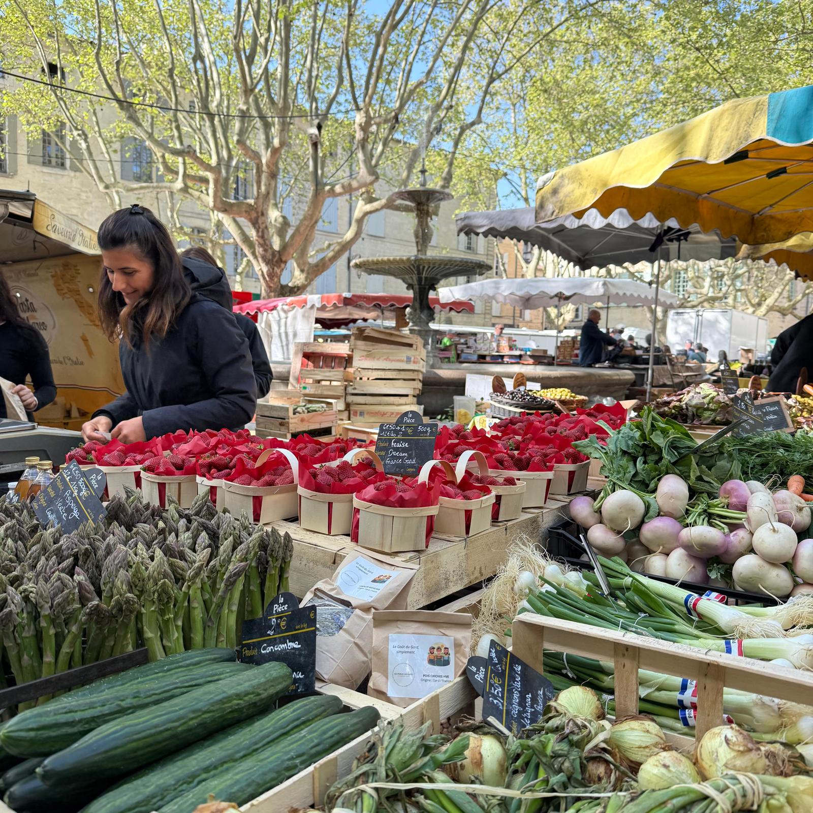 Fresh produce beneath the plane trees in Uzès