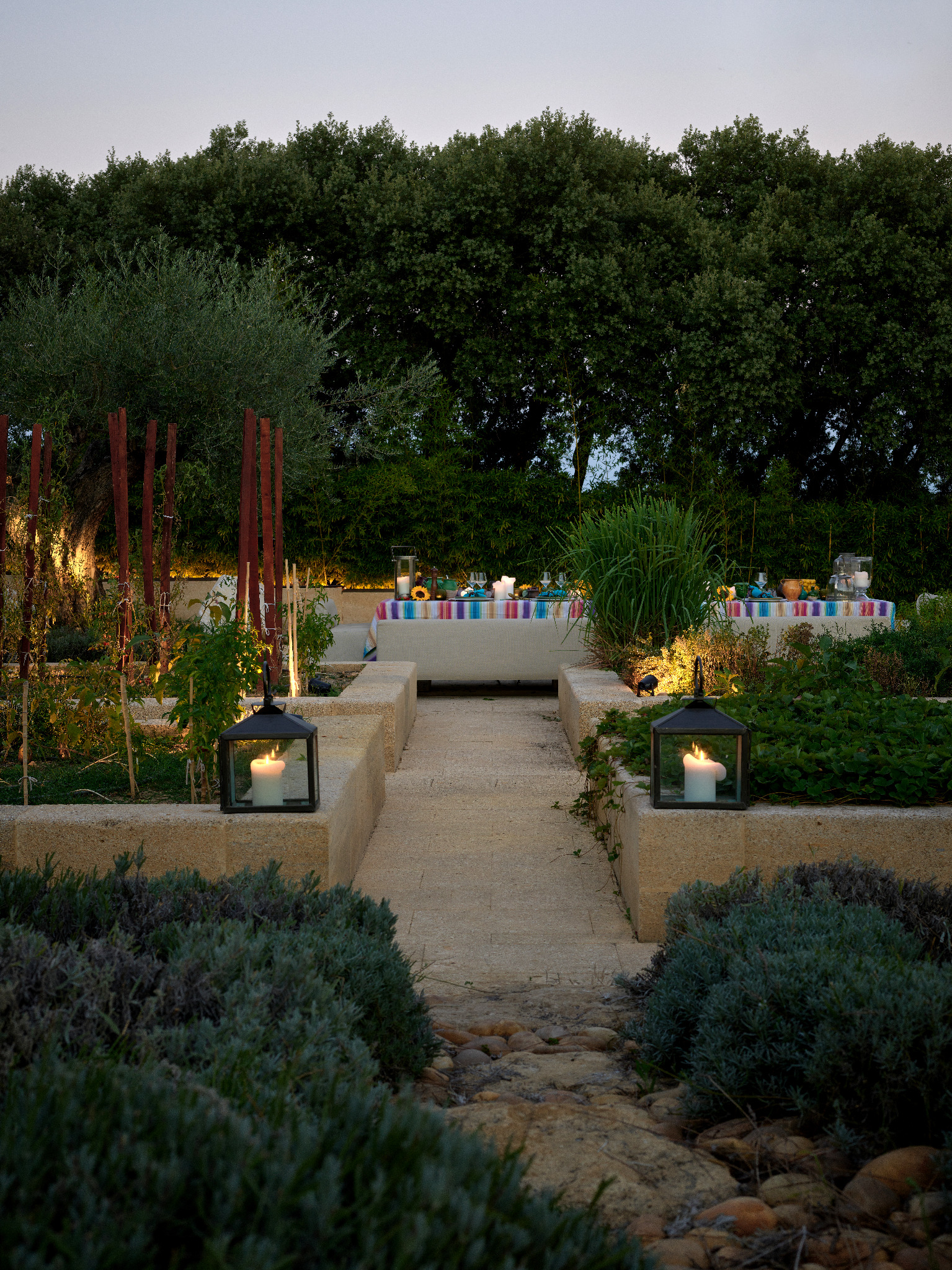 Candlelit evening table in the potager